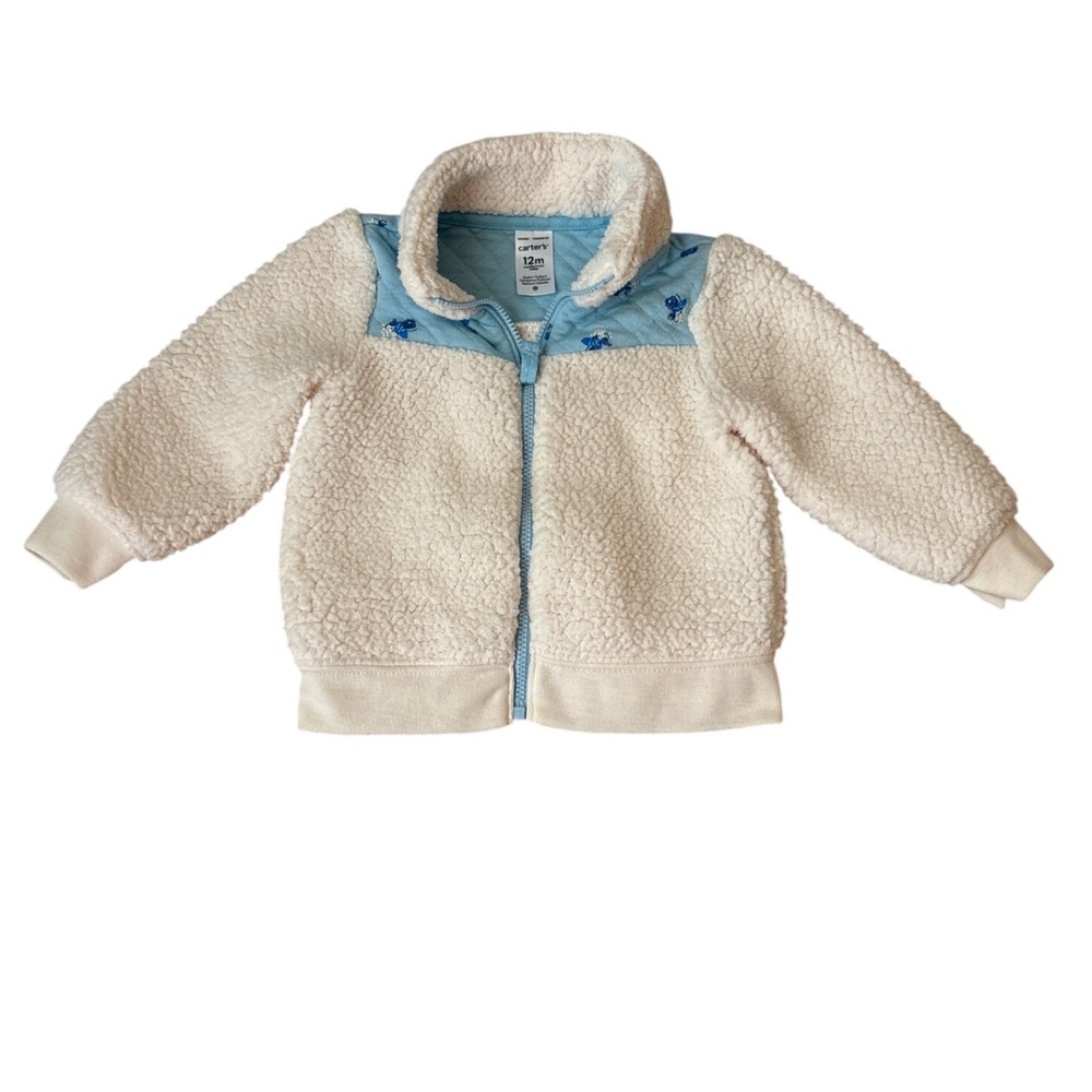 Carter's Sherpa Fleece Jacket Girls Cream Blue Quilted Yoke SIZE 12M